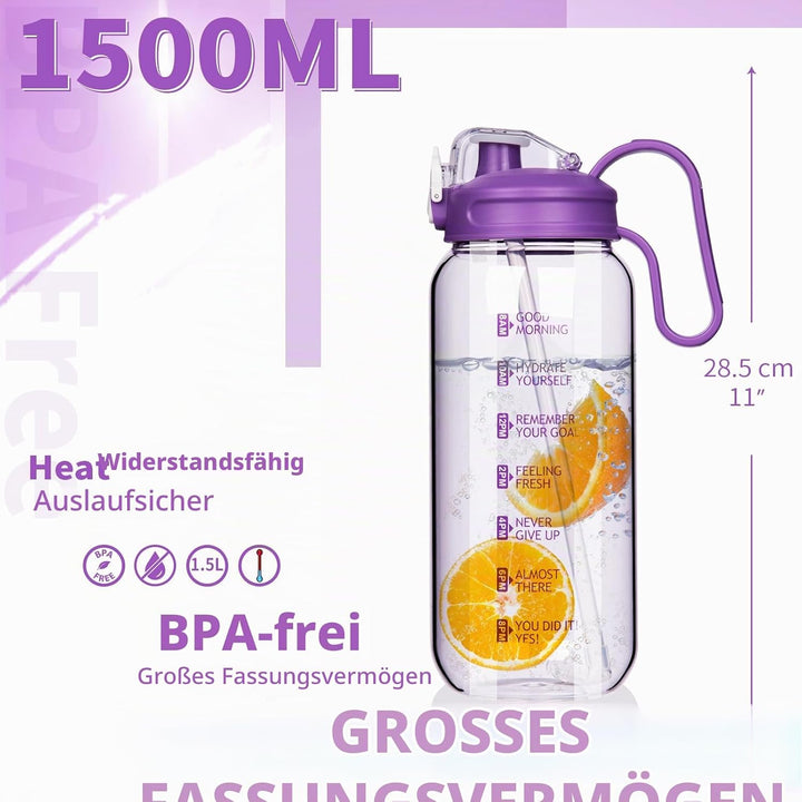 DEARRAY 1.5l Trinkflasche Glas mit Strohhalm &amp; Zeitmarkierung 1.5 liter Grosse Motivation Glasflasch