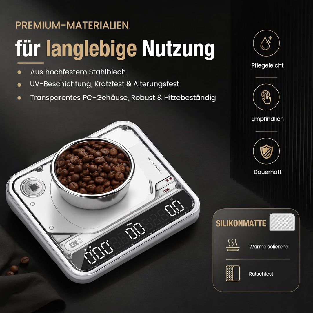 BOOKOO Kaffeewaage mit Timer, 0,1 g hochpräzise Espresso Waage, 2 kg, 4 Modi, Bluetooth-App & Flow R