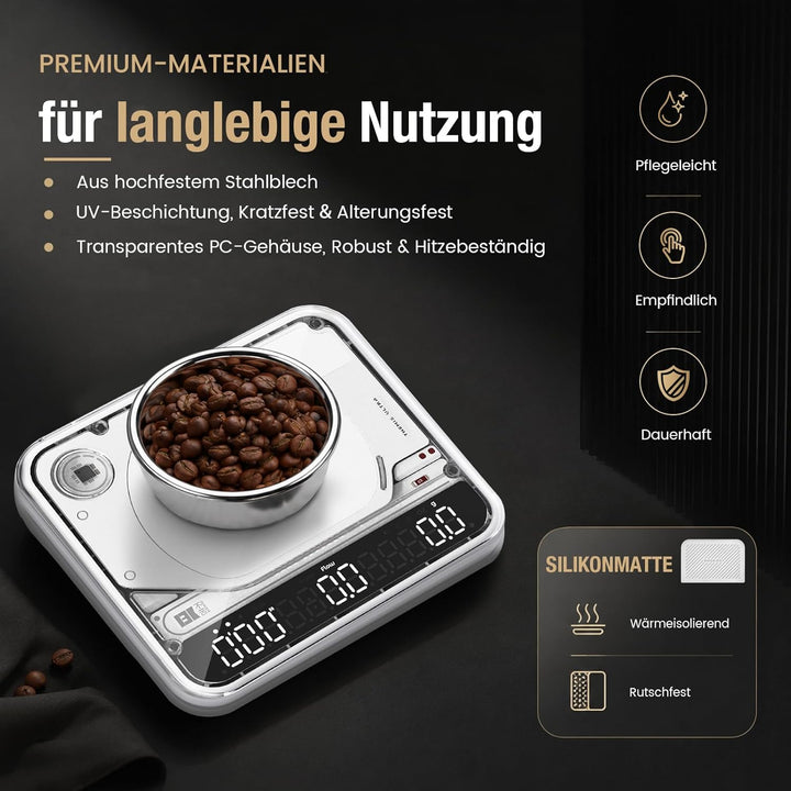 BOOKOO Kaffeewaage mit Timer, 0,1 g hochpräzise Espresso Waage, 2 kg, 4 Modi, Bluetooth-App & Flow R
