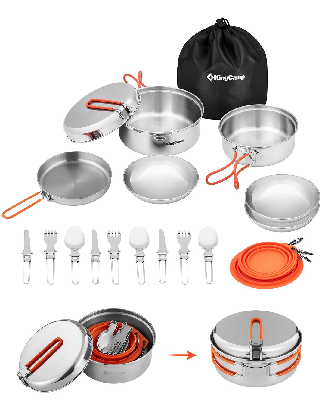KingCamp Camping Geschirr Set 2-4 Personen I Camping Kochgeschirr aus Edelstahl I Camping Töpfe mit