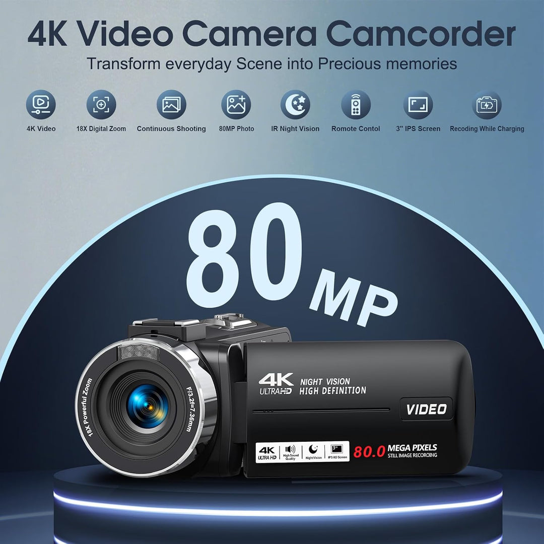 Videokamera 4K 30FPS Camcorder 80MP 18X Digitalzoom IR Nachtsicht Kamera | 3,0 Zoll IPS-Bildschirm V