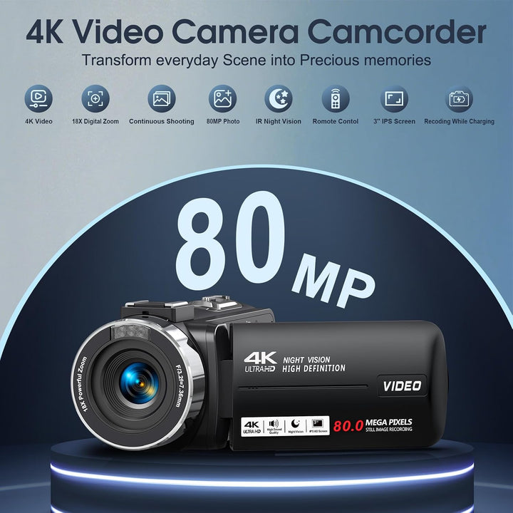 Videokamera 4K 30FPS Camcorder 80MP 18X Digitalzoom IR Nachtsicht Kamera | 3,0 Zoll IPS-Bildschirm V