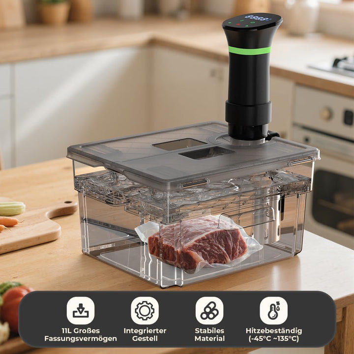 Sous Vide Behälter mit Deckel und eingebautem Rost 11L Grau Doppeltür-Design Sous Vide Topf für die