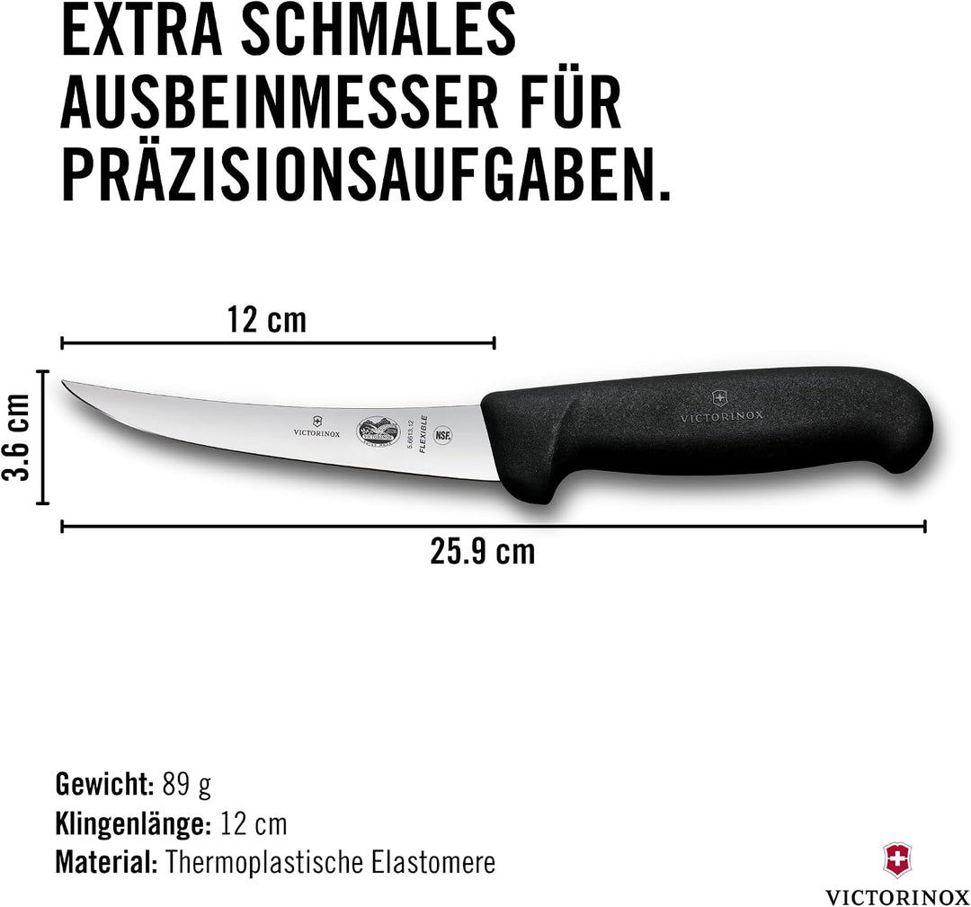 Victorinox Fibrox Ausbeinmesser, Scharfes Küchenmesser für Fleisch und Fisch, 12 cm, Gebogene Klinge