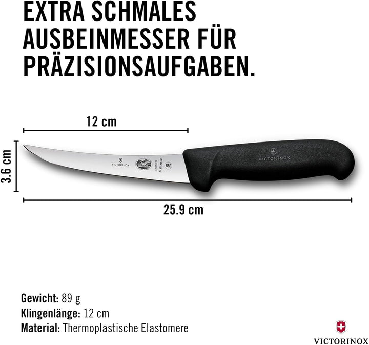 Victorinox Fibrox Ausbeinmesser, Scharfes Küchenmesser für Fleisch und Fisch, 12 cm, Gebogene Klinge