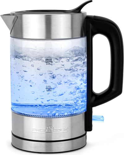 ProfiCook Wasserkocher Glas Edelstahl mit LED Beleuchtung 1 Liter, hitzebeständiger Glaswasserkocher