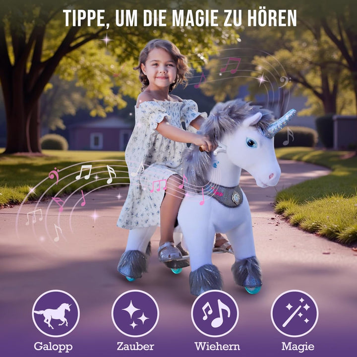 PonyCycle Modell Y Einhorn mit Rollen für Kinder 4–7 Jahre, Graues Reitbares Einhorn mit Sounds und