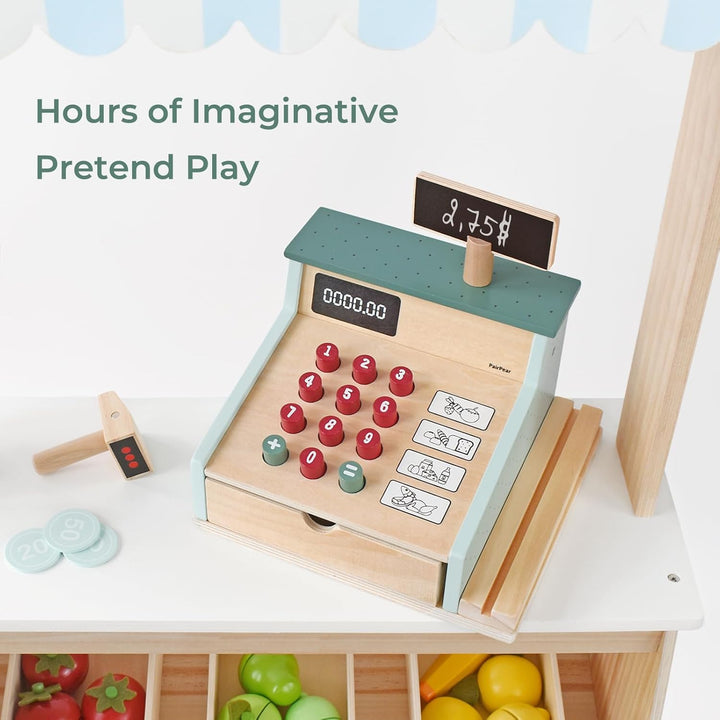 PairPear Kinder Kasse aus Holz spielkasse Kinder mit Scanner, Kartenlesegerät, Kreditkarten und Spie