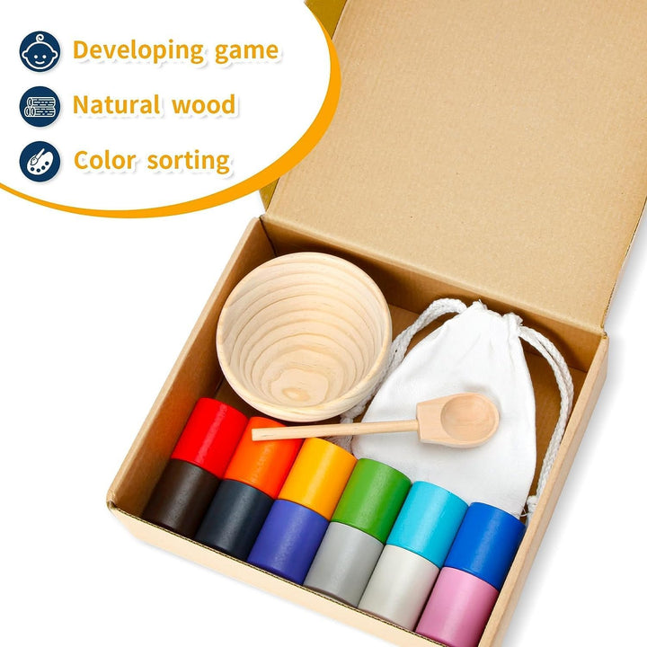 Montessori Spielzeug ab 3 Jahr, Holz Sortier Stapelspielzeug, 12 Kugeln 30 mm Regenbogen Holzkugeln