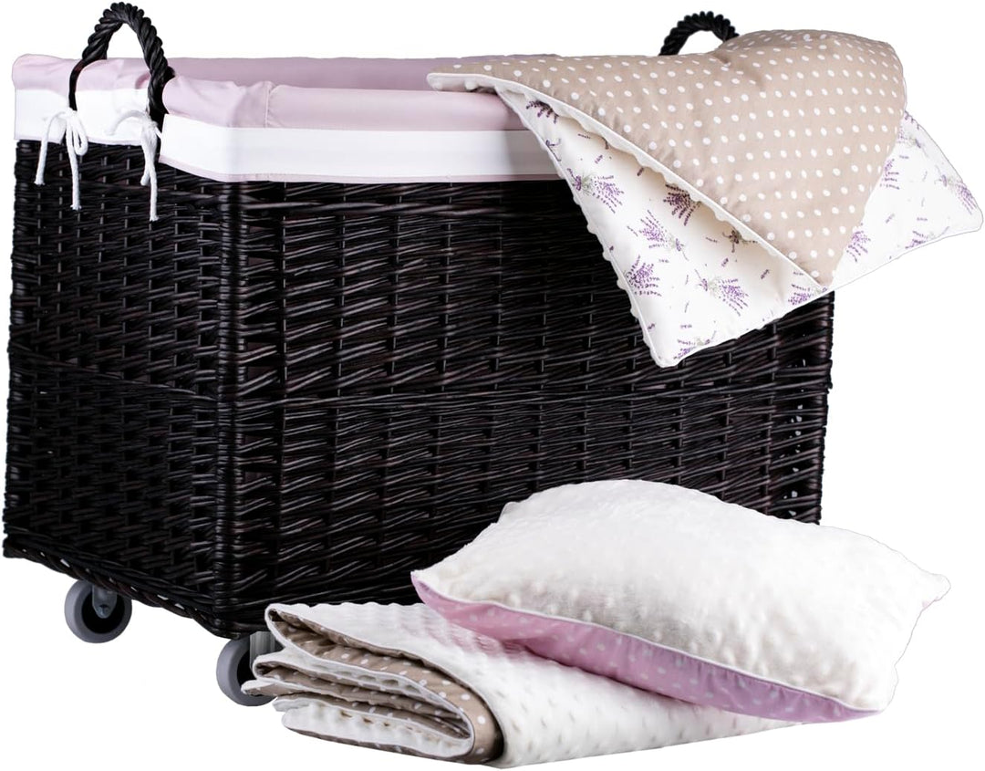 e-wicker24 Aufbewahrungstruhe, Wäschekorb, rechteckig, Weidenkorb mit Rollen und Stofffutter, Aufbew