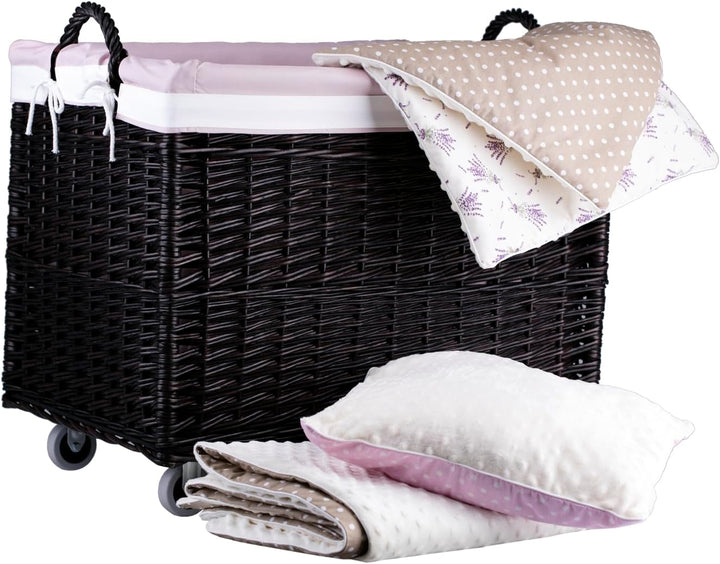e-wicker24 Aufbewahrungstruhe, Wäschekorb, rechteckig, Weidenkorb mit Rollen und Stofffutter, Aufbew