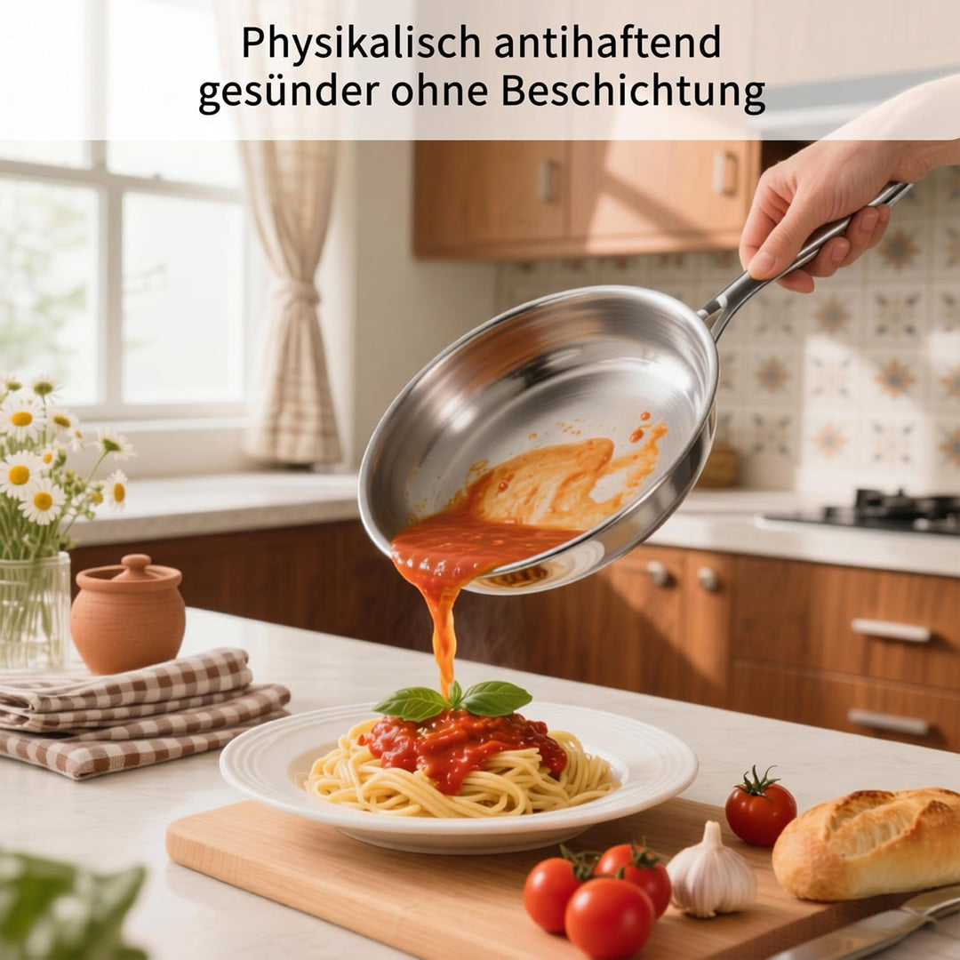 Edelstahl Pfanne,unbeschichtet, Pfanne Induktion, langlebig,3-Schicht Komplett Ungiftig, für alle He