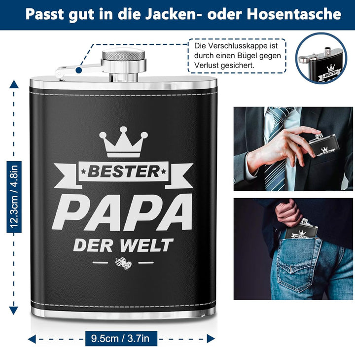 LILABIENE Flachmann Papa Geschenkset mit Gravur Bester Papa der Welt mit Becher Edelstahl Leder Schw