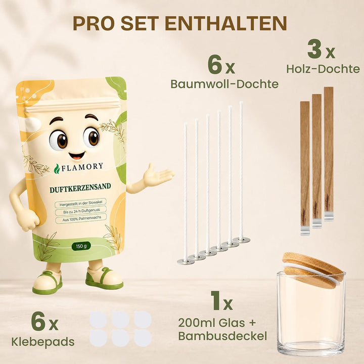 Kerzensand mit Duft Starter Set 3x150g inkl. Glas & Deckel – [Orange/Citronella/Verbena] – 9 Dochte