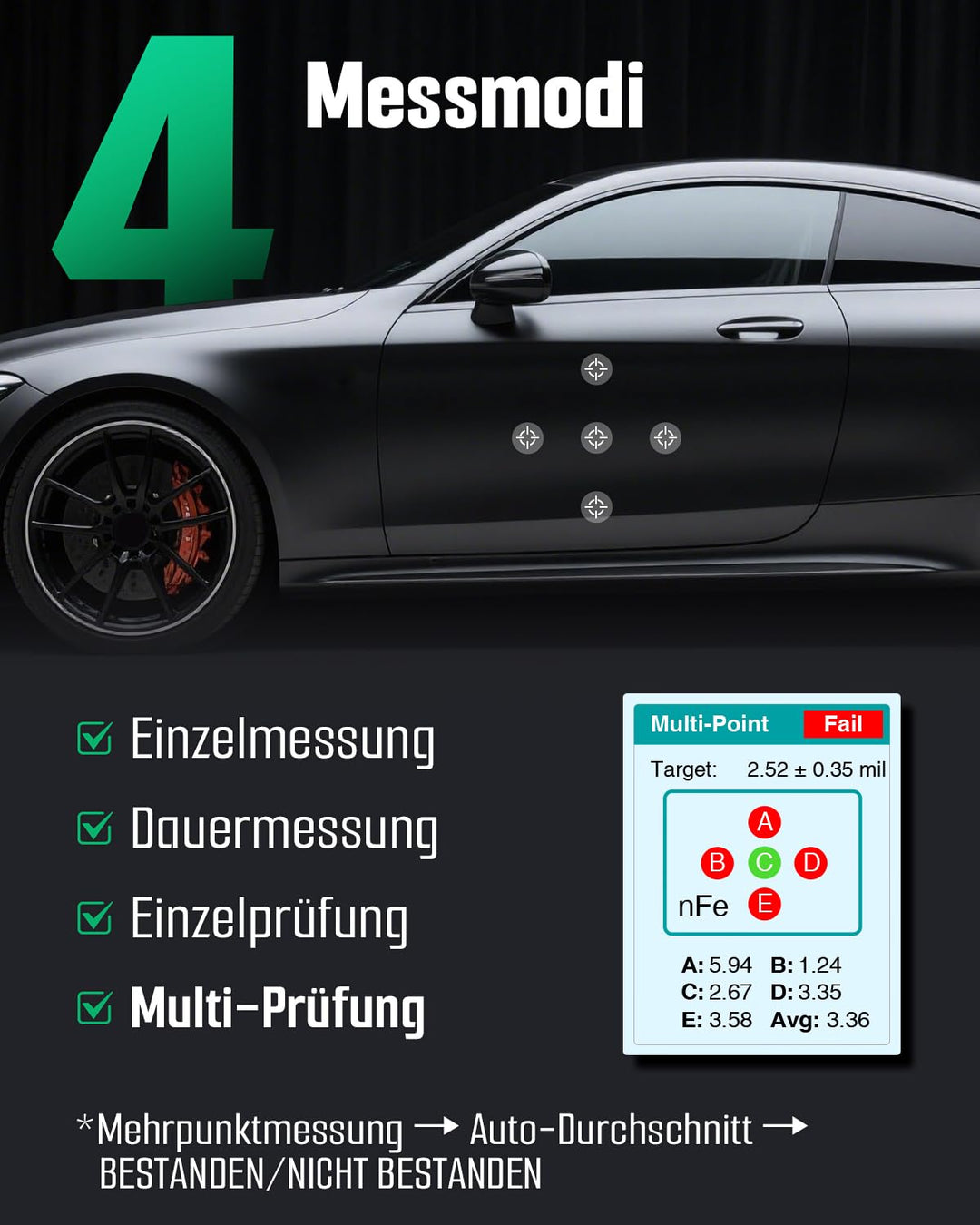 TESMEN TCG-2001 Lackschichtdickenmessgerät für Autos, Digitales Lackmessgerät mit Balkendiagramm, 4-