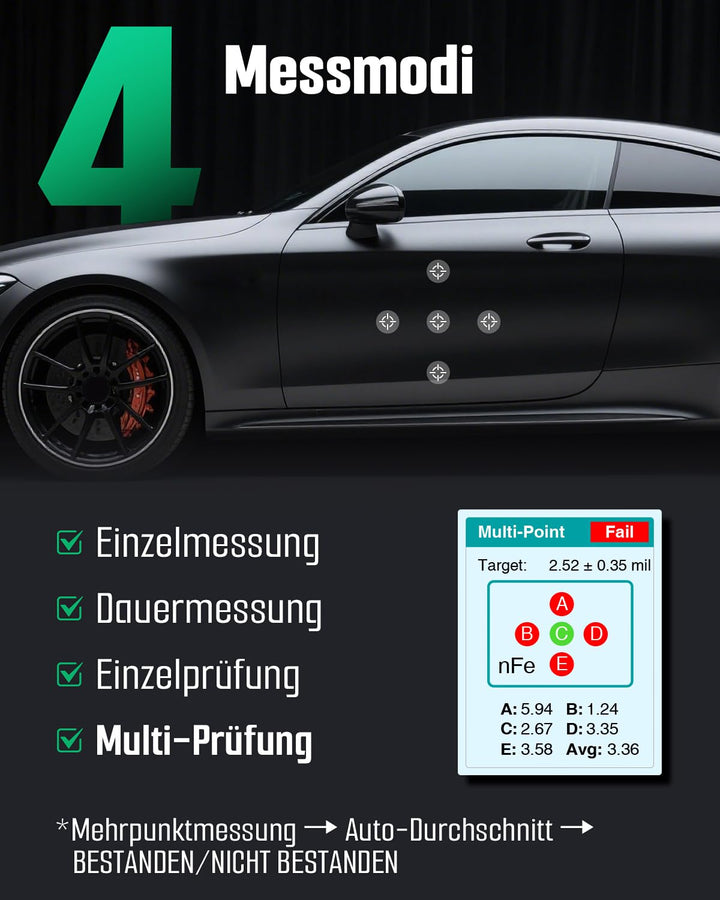 TESMEN TCG-2001 Lackschichtdickenmessgerät für Autos, Digitales Lackmessgerät mit Balkendiagramm, 4-