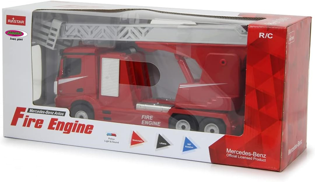 JAMARA 405212 - Feuerwehr Drehleiter Mercedes-Benz Antos 1:24 2,4GHz – realistischer Motorsound, Hup