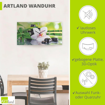 ARTLAND Wanduhr ohne Tickgeräusche Alu Funkuhr 60x30 cm Rechteckig Lautlos Orchidee Zen Pflanze Spa