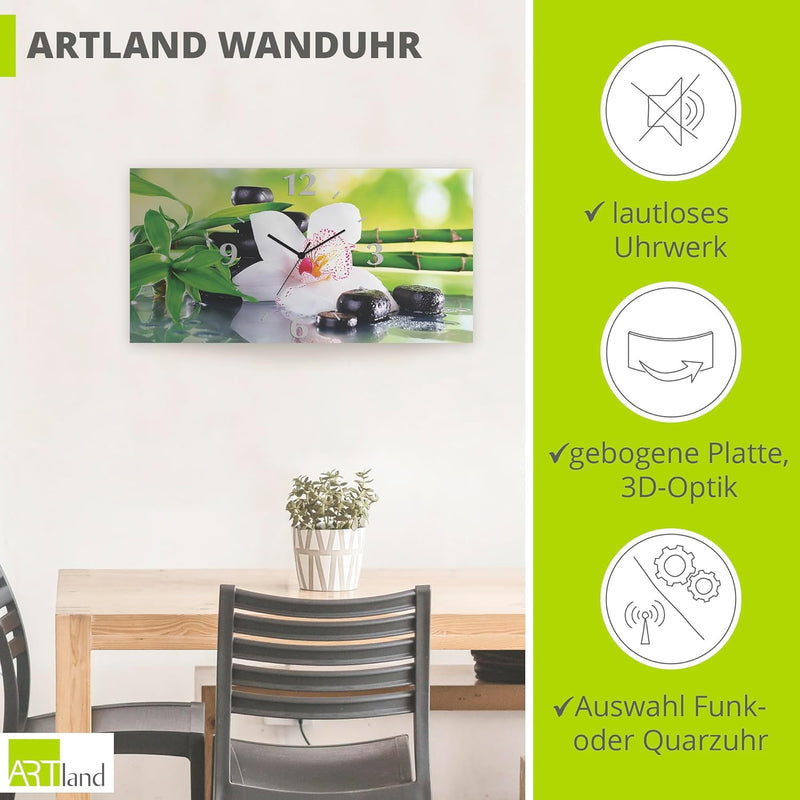 ARTLAND Wanduhr ohne Tickgeräusche Alu Quarzuhr 50x25 cm Rechteckig Lautlos Orchidee Zen Pflanze Spa