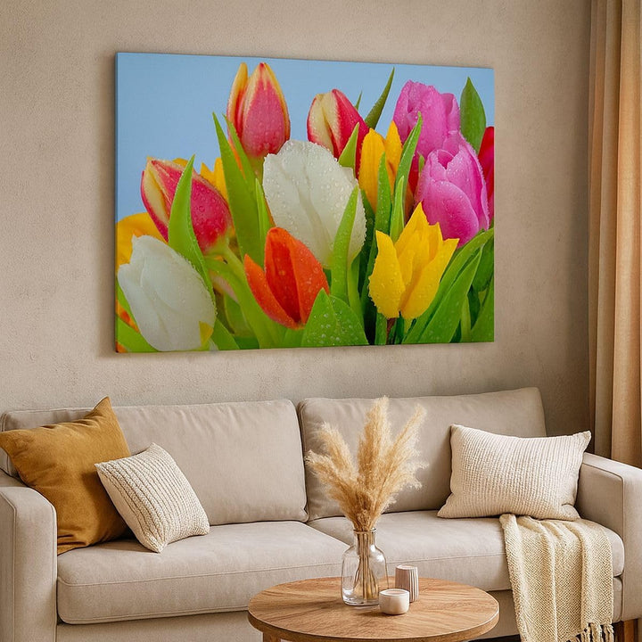 Bilder auf Leinwand Tulpen Blumenstrauss Blumen Tau Leinwandbild 70x50cm Wandbilder Dekoration Wohnz