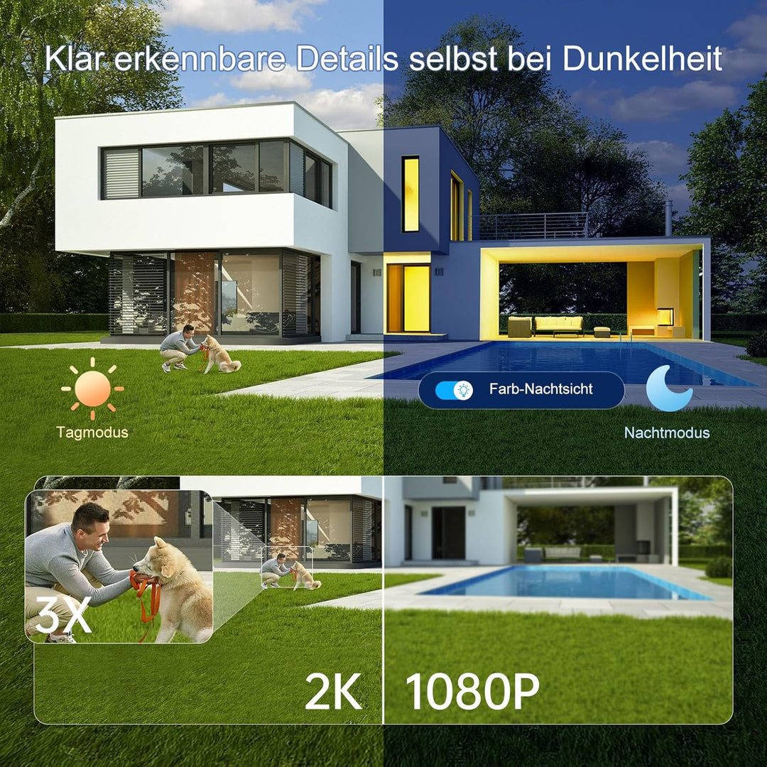 2K/4MP Überwachungskamera Aussen Akku Solar, 2,4GHz WLAN Kabellose Überwachungskamera aussen mit Far