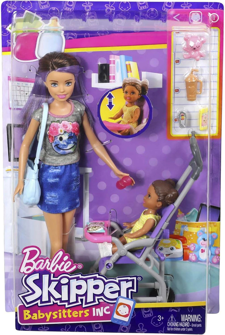 Barbie Skipper Babysitter Inc, Skipper mit braunen und lila Haaren, Baby mit braunen Zöpfen, Kinderw