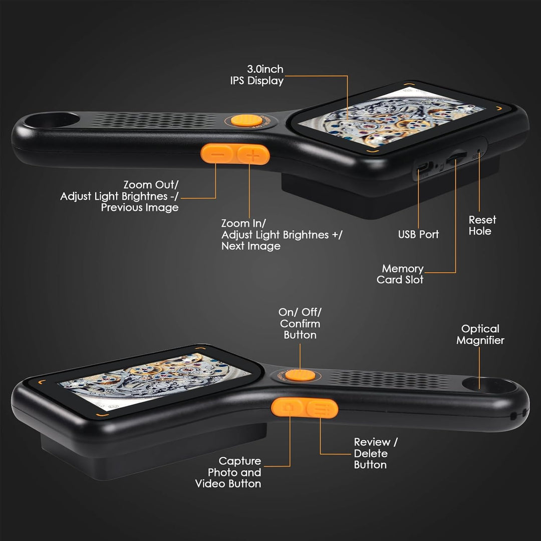 Tragbares 500-faches digitales Mikroskop mit 7,6 cm IPS-Bildschirm, 8 LED-Leuchten, Autofokus, 2-MP-