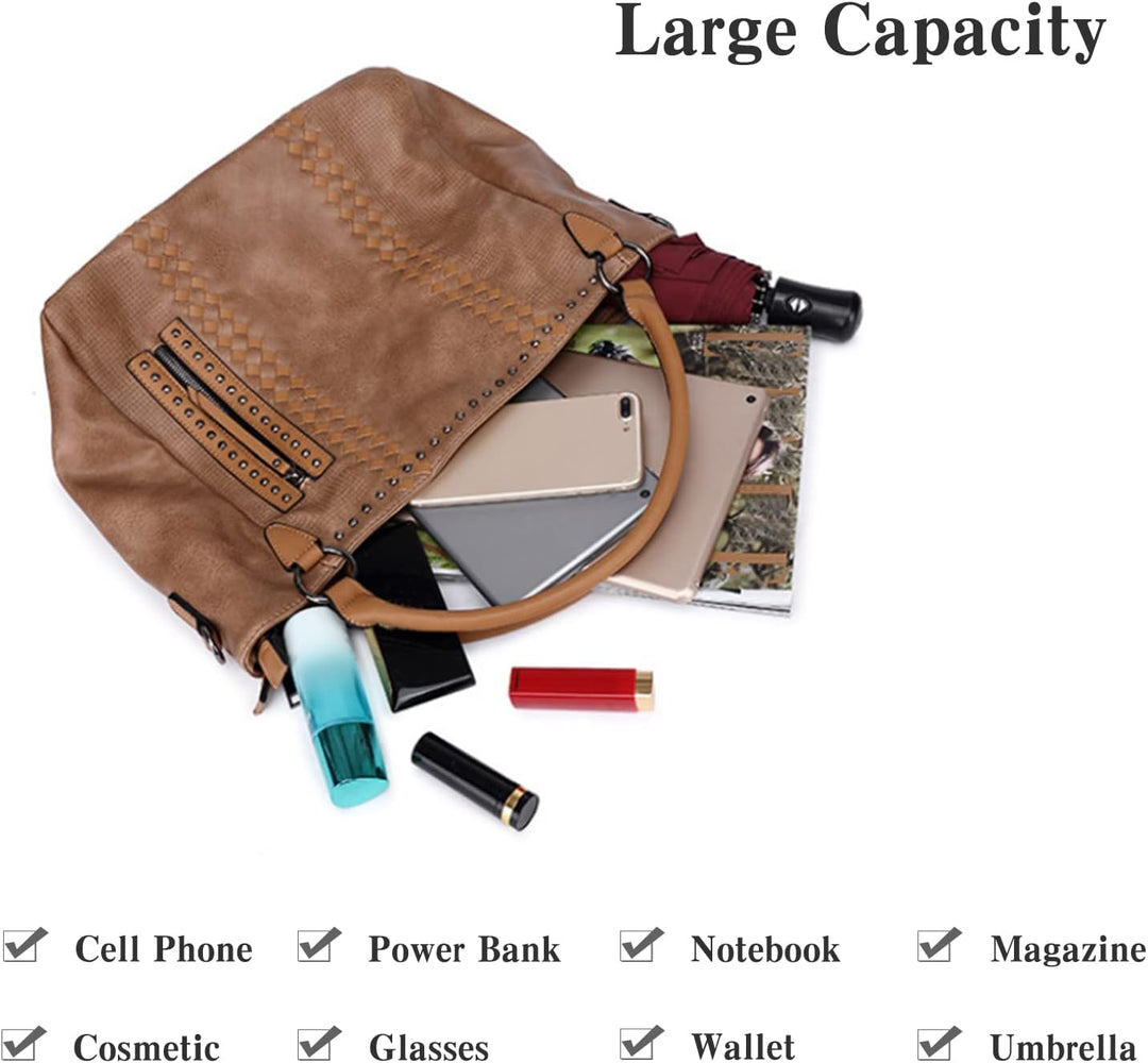 PORRASSO Mode Handtasche Damen Schultertasche Grosse Henkeltasche Frauen PU Leder Umhängetasche Reis