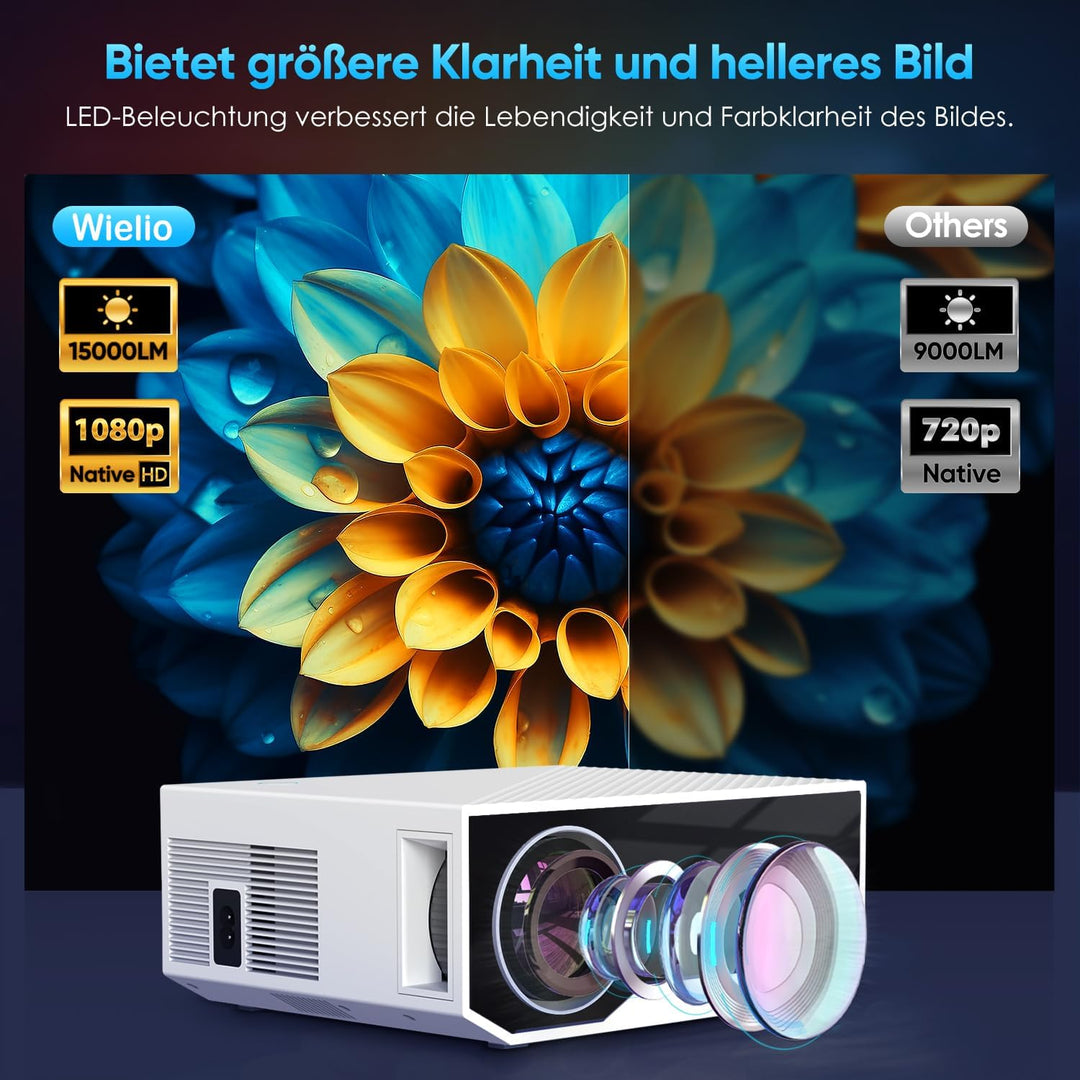 Beamer Full HD 1080P, WiFi&Bluetooth Tragbarer 15000 Lumens Mini Beamer Heimkino Projektor, 300" Max