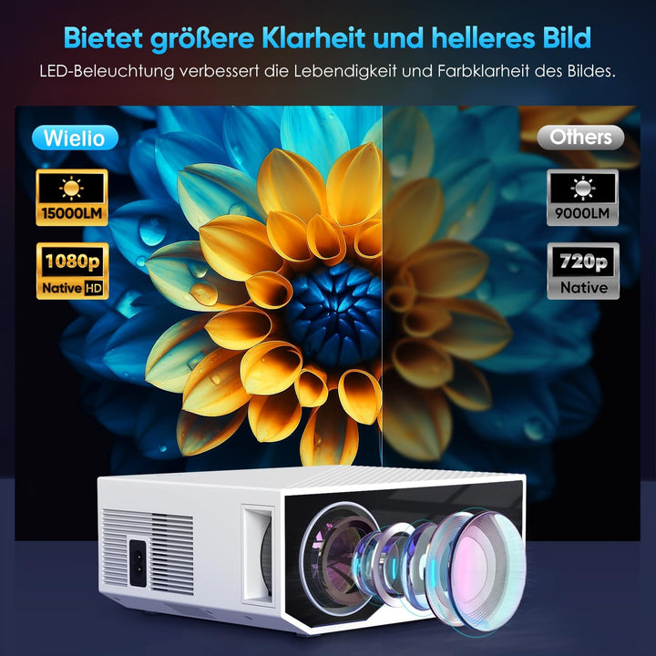 Beamer Full HD 1080P, WiFi&Bluetooth Tragbarer 15000 Lumens Mini Beamer Heimkino Projektor, 300" Max