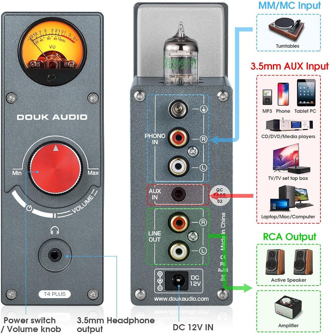 Douk Audio T4 Plus HiFi JAN5654 Röhrenvorverstärker MM/MC Phono-Vorverstärker für Plattenspieler Min