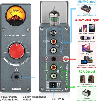Douk Audio T4 Plus HiFi JAN5654 Röhrenvorverstärker MM/MC Phono-Vorverstärker für Plattenspieler Min