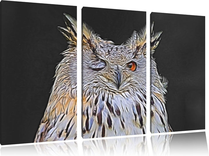 zwinkernde Waldohreule schwarz/weiss Deluxe 3-Teiler Leinwandbild 120x80 Bild auf Leinwand, XXL ries