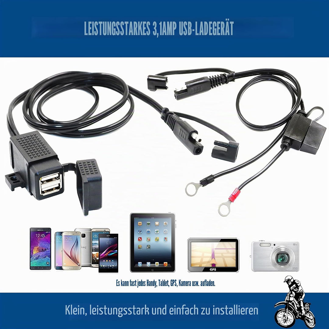 MOTOPOWER MP0609EA-UK 3,1 Amp USB-Ladegerät für Motorrad, wasserdicht, mit SAE-Klemmenkabel