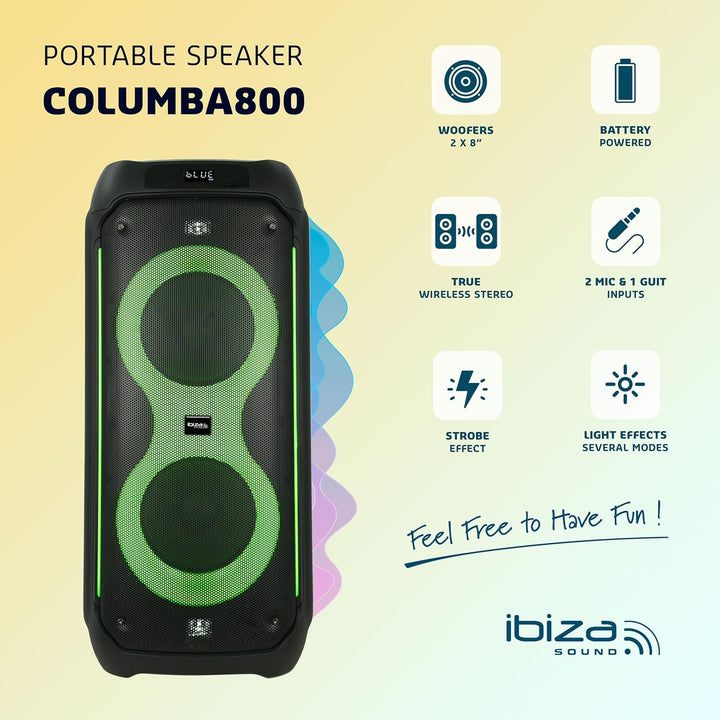 Ibiza - COLUMBA800 - Leistungsstarker 2x8/20cm Akku-Lautsprecher - Bluetooth, Micro-SD, USB, Aux, 2