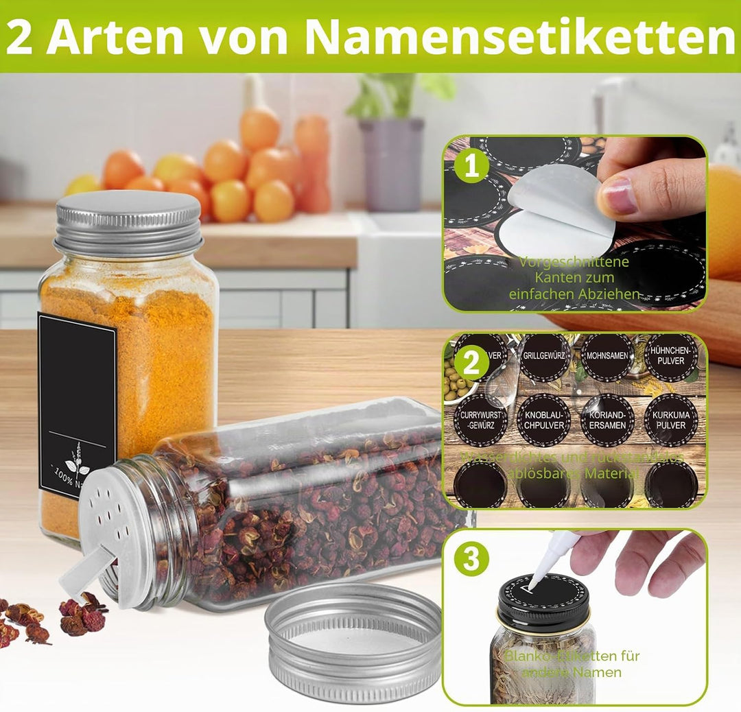 Ferghana Gewürzgläser Eckig Set，Gewürzdosen Set 24x120ml ，Spice Jars mit Streueinsatz，Etiketten，Tric