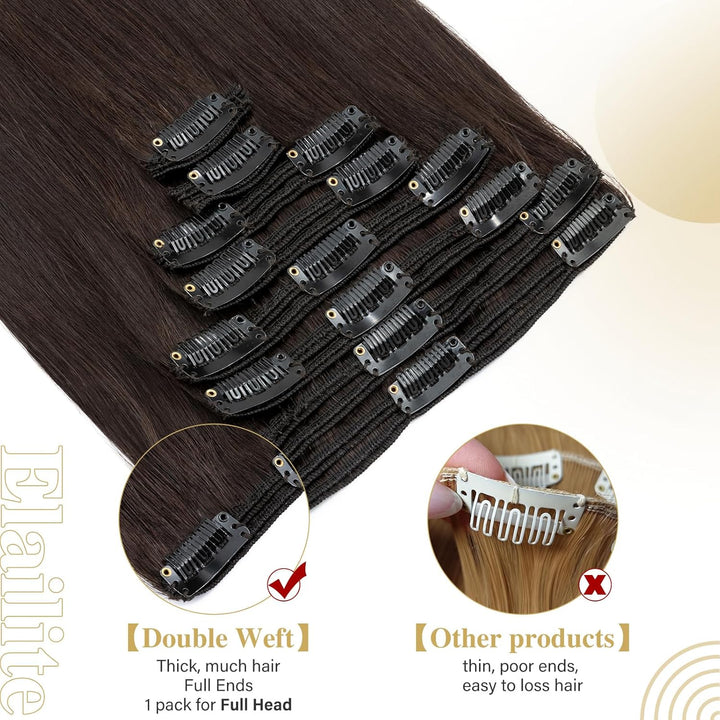 Elailite Echthaar Extensions Clip in 8 Tressen Voller Kopf 140g #2 Dunkelbraun, 45cm Haarverlängerun