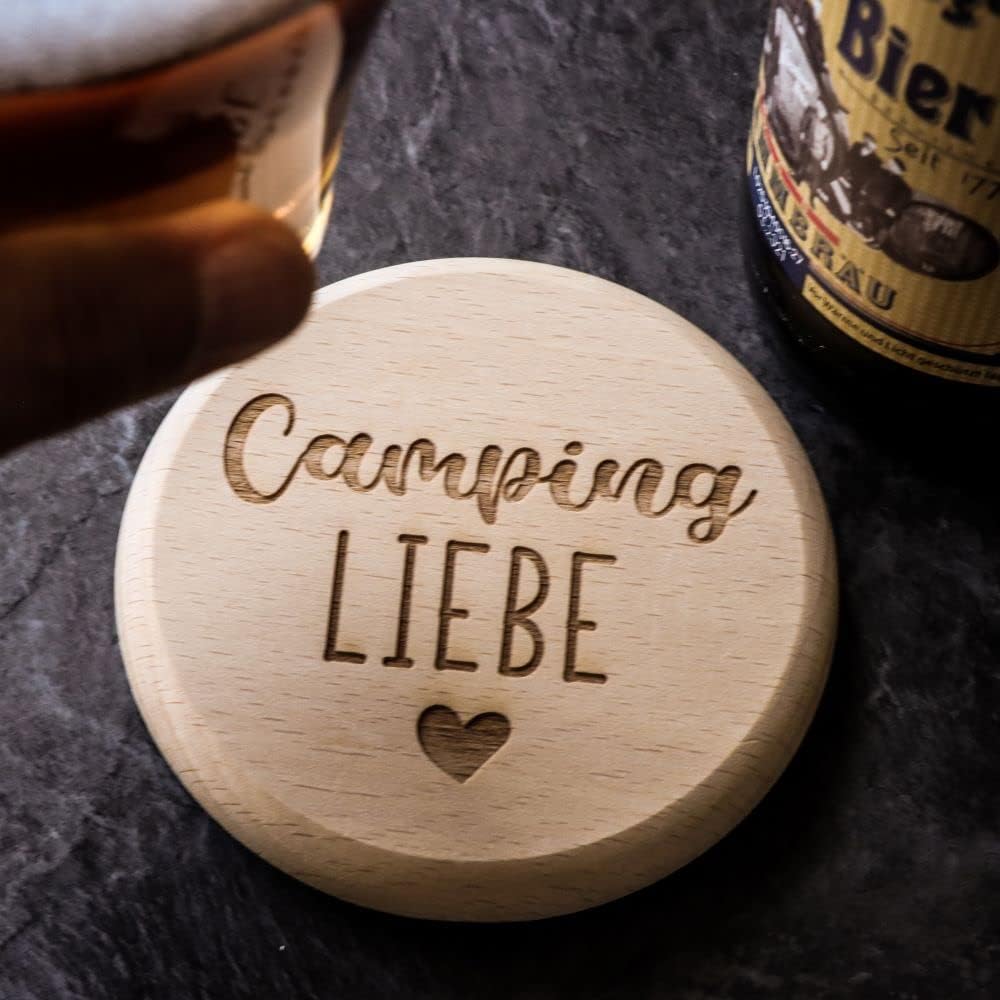 Spruchreif · Bierdeckel mit Camping-Sprüchen aus hochwertigem Buchenholz · 2in1 Untersetzer und Deck