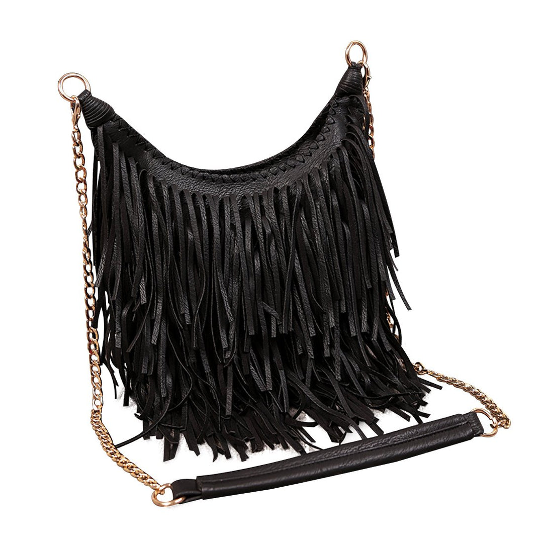 LUI SUI Damen handgefertigte Leder Franse Quaste Crossbody Hobo Schultertasche Umhängetaschen Schwar