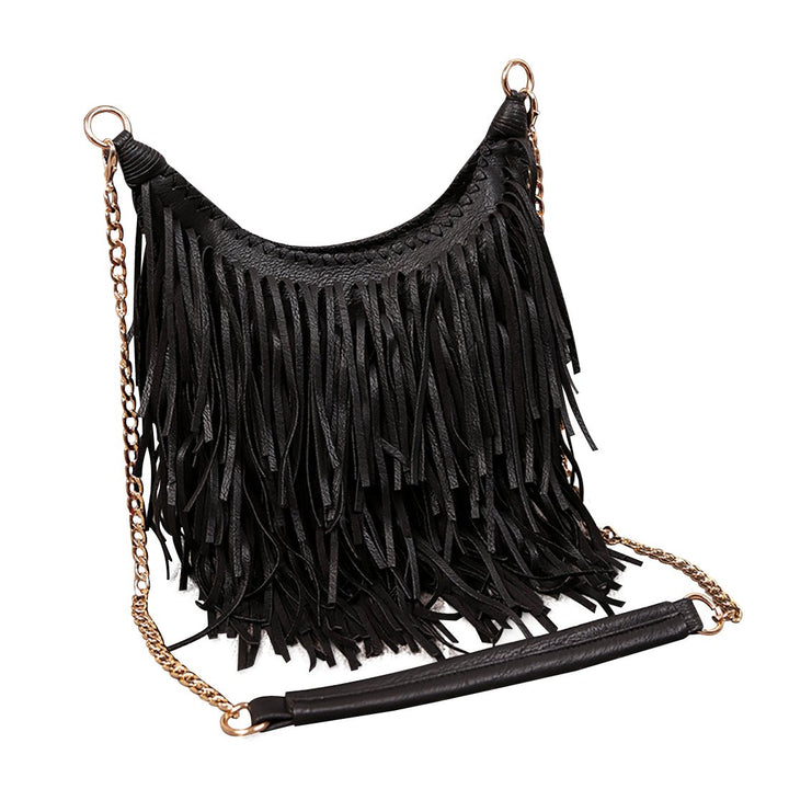LUI SUI Damen handgefertigte Leder Franse Quaste Crossbody Hobo Schultertasche Umhängetaschen Schwar