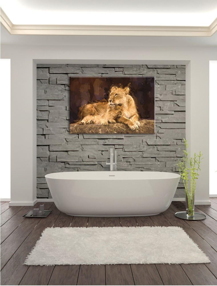 Pixxprint Löwe kuschelt mit seinem Löwenjungen Kunst Pinsel Effekt, Format: 100x70 auf Leinwand, XXL