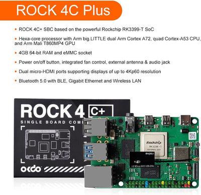 GeeekPi Rock Pi 4 Model C Plus Starter Kit mit Rock 4C+ 4GB Single Board Computer Rockchip RK3399-T