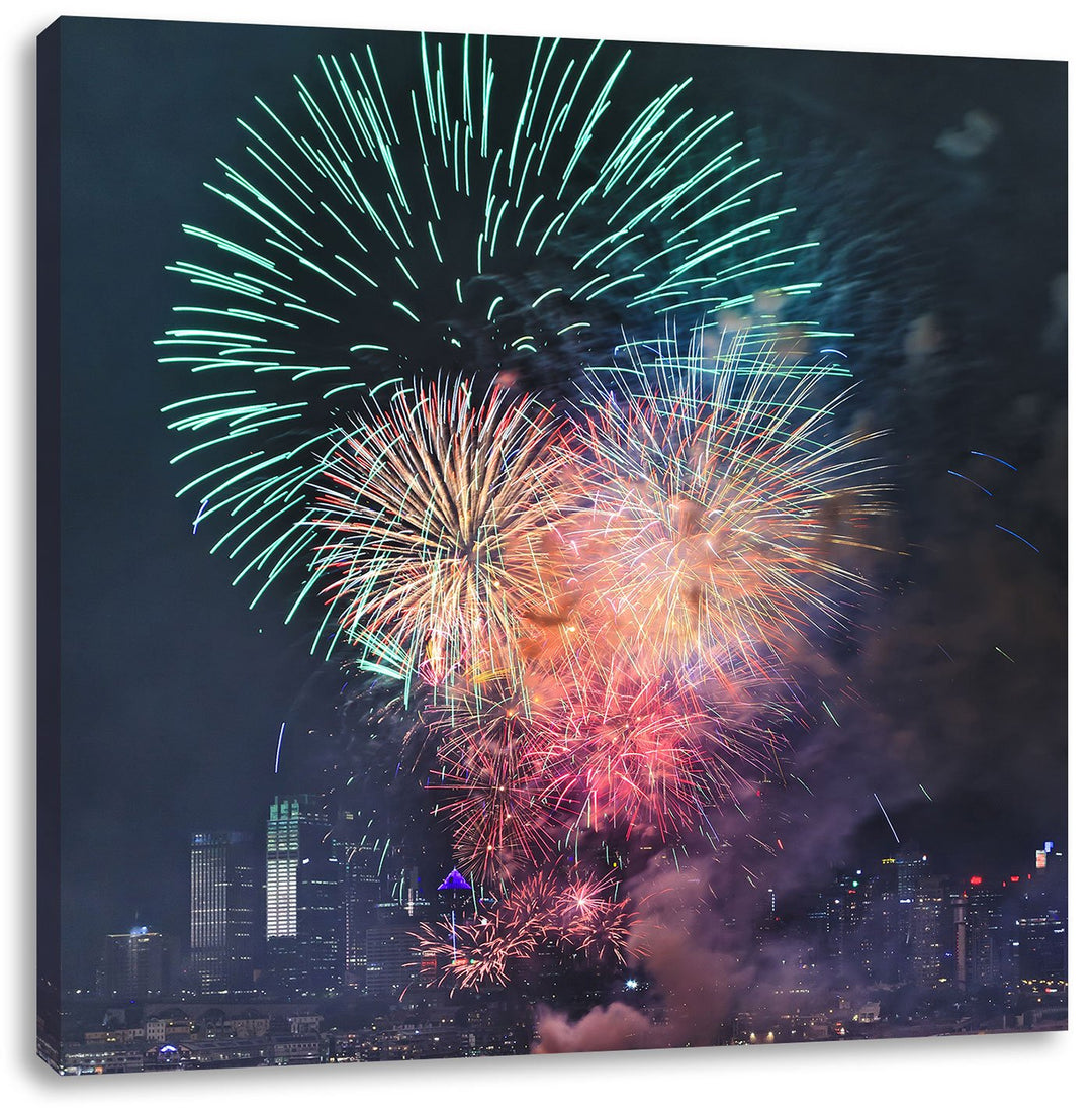 Boot auf See Feuerwerk, Format: 70x70 auf Leinwand, XXL riesige Bilder fertig gerahmt mit Keilrahmen
