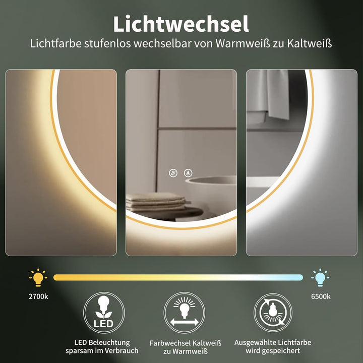 HOKO LED Badspiegel Beschlagfrei rund 80 cm Stockholm mit Metall Rahmen Gold. Runder Wandspiegel Ene