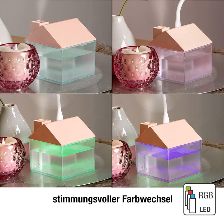 Hellum Luftbefeuchter dekorativ, tragbarin rosa, Diffuser in Form eines Haus 8,4x9,5cm gross, süsser