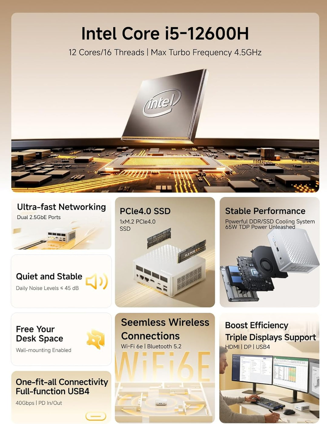 MINIS FORUM M1 Plus Mini PC, Intel Core i5-12600H Prozessor (12 Kerne/16 Threads, bis zu 4,5 GHz), 1