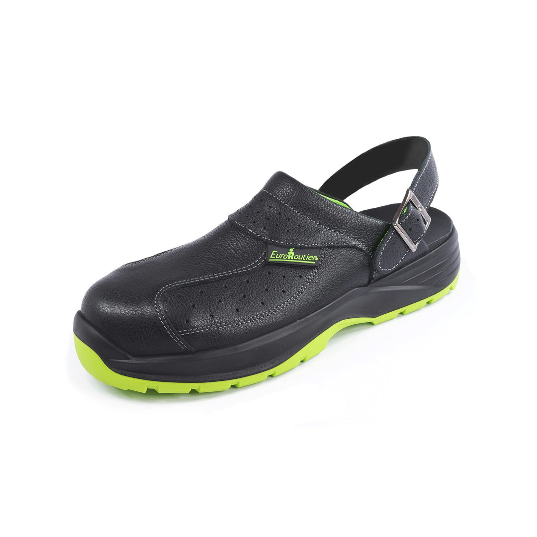 EUROROUTIER Premium Fenix Black Echtes Leder, Clogs, Sicherheitsschuhe, zertifiziert SB A-E-FO SRC,