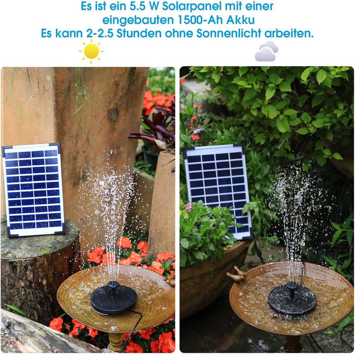 AISITIN Solar Springbrunnen 5.5W Eingebaute 1500mAh Batterie Solar Teichpumpe Wasserpumpe Solar Schw