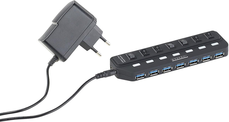 Xystec USB Leiste: Aktiver USB-3.0-Hub mit 7 Ports, einzeln schaltbar, 2-A-Netzteil (USB 3 0 Verteil