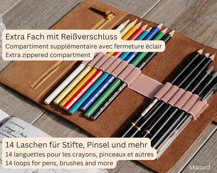 skaard Federmäppchen, echtes Leder, für Stifte & Pinsel, braun, Stifteetui gross, Braun